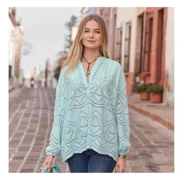 Sundance Tops Sundance Light Blue Green Eyelet Popover Split Neck
